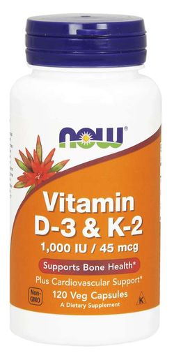NOW® Foods NOW Vitamin D3 & K2, 1000 IU / 45 ug, 120 rostlinných kapslí