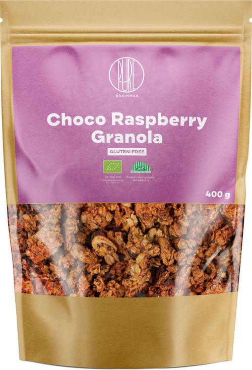 BrainMax Pure Choco Raspberry Granola, granola s čokoládou a malinami, BIO