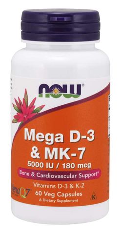 Now® Foods NOW Mega D3 & MK-7, Vitamín d3 5000 IU & Vitamín K2 180 ug, 60 kapslí