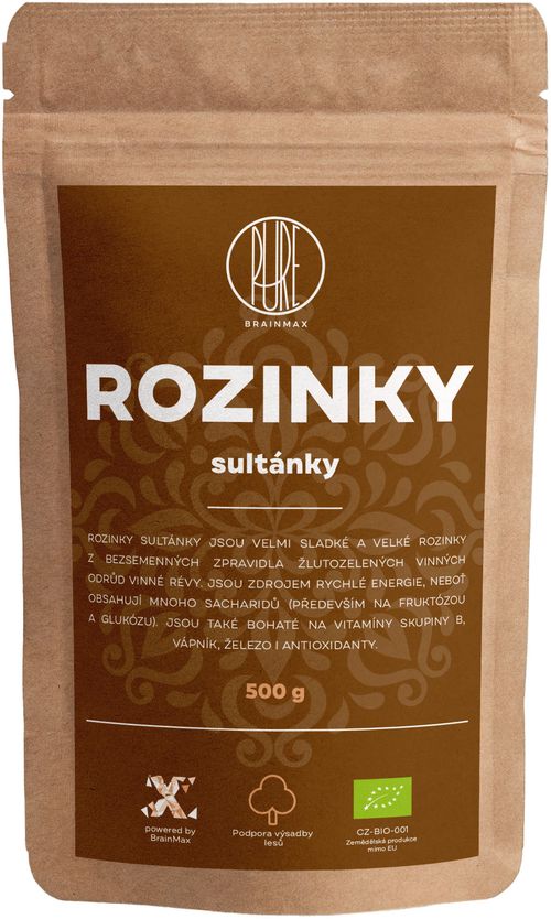 BrainMax Pure Rozinky Sultánky sušené BIO, 500g *CZ-BIO-001 certifikát